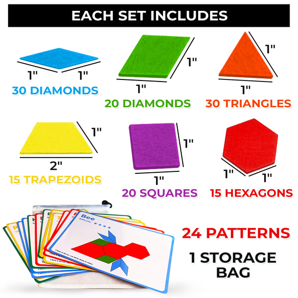 Wooden Pattern Blocks Tanagram Set - Fun Learning Toys for Ages 3 to 9