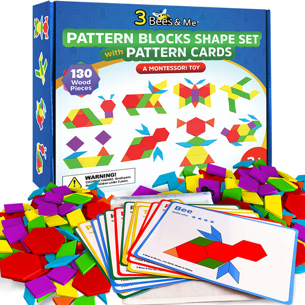 Wooden Pattern Blocks Tanagram Set - Fun Learning Toys for Ages 3 to 9