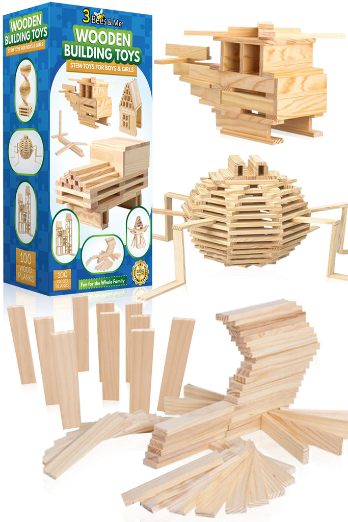 Wooden Building Toys - STEM Toys for Boys and Girls - 100 Wood Plank Pieces
